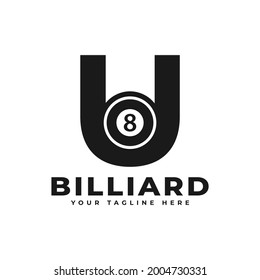 Letter U with Billiards Logo Design. Vector Design Template Elements for Sport Team or Corporate Identity.