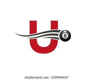 Letter U Billiards or Pool Game Logo Design For Billiard Room or 8 Ball Pool Club Symbol Vector Template
