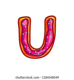Letter U. Biscuit with glaze and confetti. Sweet donuts bakery font. Christmas cookies. Vector cartoon alphabet isolated on white background.  Hand drawn colored illustration. 