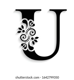 letter U. Black flower alphabet.  Beautiful capital letter with shadow