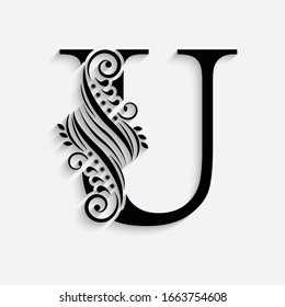 letter U. Black flower alphabet.  Beautiful capital letter with shadow