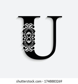 letter U. Black flower alphabet.  Beautiful capital letters with shadow