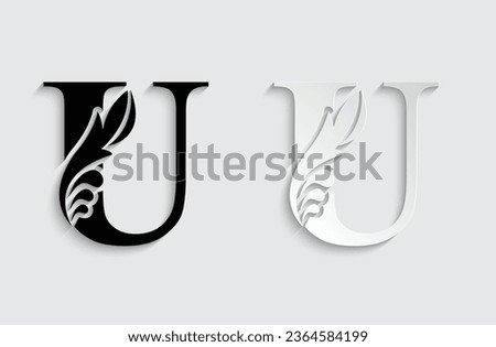 letter U. Black flower alphabet. Beautiful capital letters with shadow