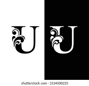 letter U black and white. flower  letters. Vintage ornament initial Alphabet. Logo vector 
