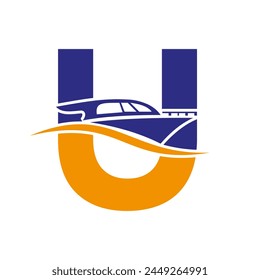 Letter U Boat Logo Concept For Sailboat, Shipping Symbol. Yacht Sign