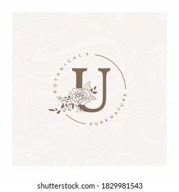 Letter U Botanical Flowers . Initial Wedding Monogram Font Logo. Circle Floral Rose Logo