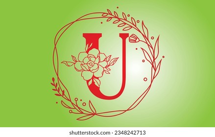 Letter U Botanical Flowers . Initial Wedding Monogram Font Logo. Circle Floral Logo