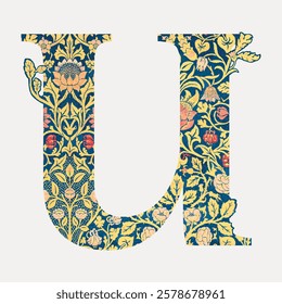 Letter U botanical pattern font, inspired by William Morris illustration isolated, vector. Vintage botanical patterned font inspired by William Morris. Floral vintage patterned typography vector.