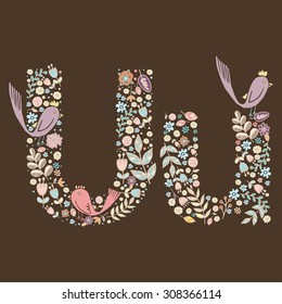 The letter U. Bright floral element of colorful alphabet Cute Animal, flowers, and twigs. floral ABC element in vector