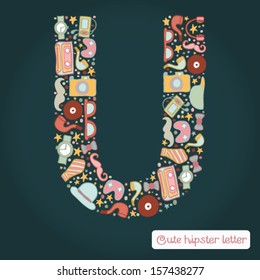 The letter U. Bright hipster element of colorful alphabet made! Hipster ABC element in vector. Vector hipster glasses, camera, a tie, the player, hat, mustache, pipe.