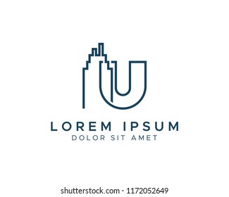 Letter U Building Line Vector Logo Design Template