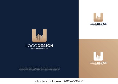 Diseño del logotipo de construcción de letras U. Símbolo de inmueble, edificio, residencia.