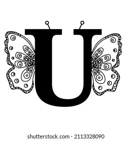 Letter U with butterfly silhouette. Wings butterfly logo template isolated on white background. Calligraphic hand drawn lettering design. Alphabet concept. Monogram vector illustration.