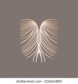 Letter U calligraphy logo.Alphabet initial.Lettering sign isolated on dark fund.Decorative icon for beauty, spa brand identity.Luxury font monogram.Rose gold organic lines.