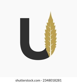 Letter U Cannabis Logo Concept With Marijuana Leaf Icon