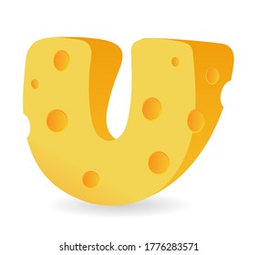 letter U cartoon style cheese, vector illustration