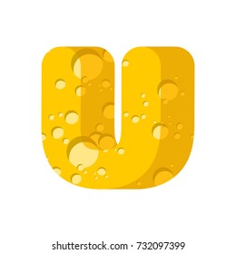 Letter U cheese font. Symbol of cheesy alphabet. Dairy Food type sign. Vector illustration