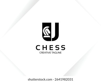 Letter U chess logo design template. Monogram knight logo