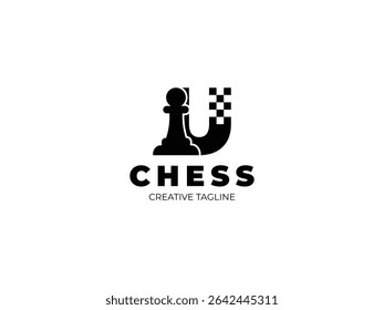 Letter U chess logo design with pawn and chess board