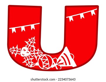 Letter U. Christmas design for creating festive monogram. Silhouette of red color letter with xmas symbols. Mistletoe leaves, holly berry, jingle bell. New Year holiday print. Sign, tag, icon U, label