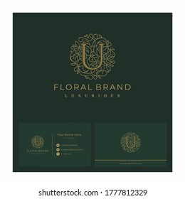 Letter U Circle Floral Botanical Leaf Logo Design