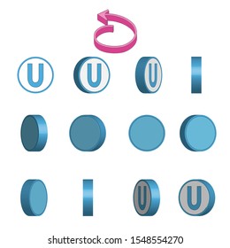 Letter U in circle rotation sequence sprite sheet on white background. Vector illustration.