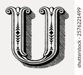 Letter U in classic medieval art alphabet illustration isolated on white, vector. Vintage illustration isolated on white, vector.