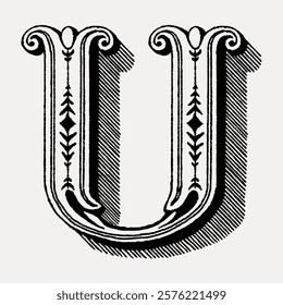 Letter U in classic medieval art alphabet illustration isolated on white, vector. Vintage illustration isolated on white, vector.