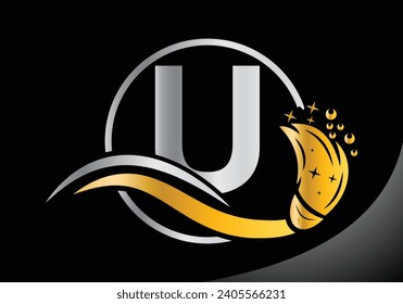 Logo de limpieza de letras U, plantilla vectorial de diseño del logotipo del pincel de limpieza.