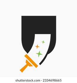Letter U Cleaning Service Logo Design Concept With Clean Brush Symbol. House Clean Sign