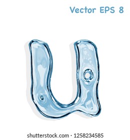 Letter u from clear transparent bluish water droplets. Vector EPS 8.