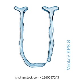 Letra U de gotas transparentes de agua azulada. EPS vectorial 8.