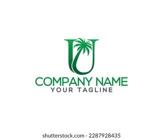 Letter U with coconut and palm tree  logo design. Summer and beach tree unique vector illustration.