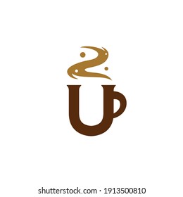 Letter U coffee cafe logo, hot coffee tea or chocolate mug simple logo icon