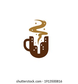 Letter U coffee city cafe logo, coffee mug with city skyscraper silhouette logo icon concept