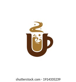Letter U coffee logo with sea ocean wave illustration inside mug icon symbol