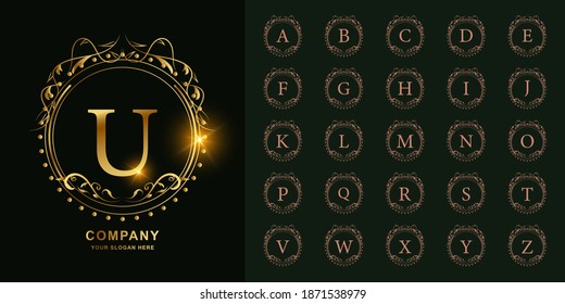 Letra U o colección alfabeto inicial con una plantilla de logotipo dorado de marco floral de lujo.