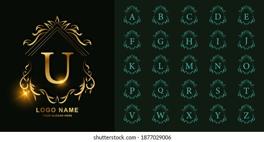 Letra U o colección alfabeto inicial con una plantilla de logotipo dorado de marco floral de lujo.