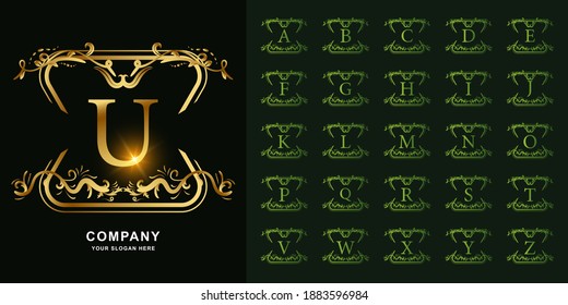 Letter U or collection initial alphabet with luxury ornament floral frame golden logo template.