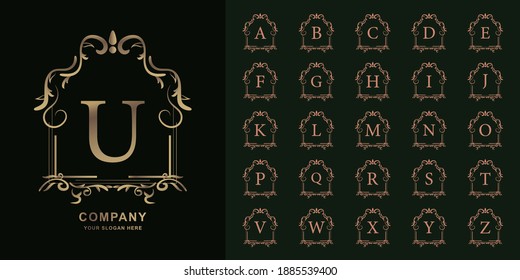 Letter U or collection initial alphabet with luxury ornament floral frame golden logo template.