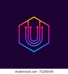 Letter U colorful, Dots logo, linear hexagon shape, Digital and Technology logotype for your Corporate identity