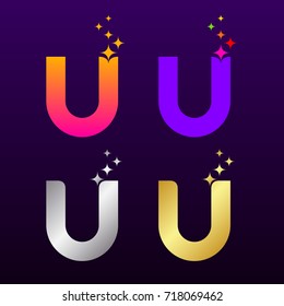 Letter U Colorful and Gold Silver with Sparkles light effect stars bursts logotype, Beautiful Luxury, Fashion, Jewelry, Beauty Salon, Cosmetics, Spa, Resort, Magician Logo for your Corporate identity