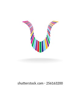 Letter U colorful logo. Shape from many directional vivid colors stripes.