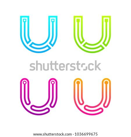 Letter U Colorful logotype with Three Line Dots Link, Square and Circle shape Maze Labyrinth, Technology and Digital Connection concept for your Corporate identity
