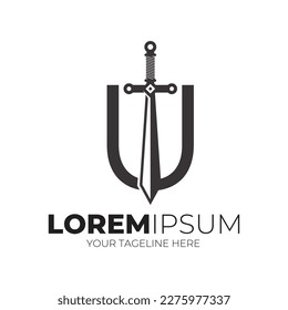 Letter U Combined Sword Logo Design Vector Illustration