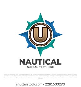 Letra U con el concepto de ilustración del logo de la brújula, estilo moderno colorido aislado en fondo blanco