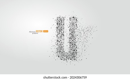 The letter u is composed of particles on gray background. Abstract vector font material.