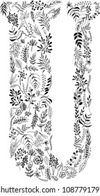 Letter 'U' created out of hand sketched vector floral lements. Poster, card and invitation designs