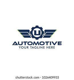 Letter U Creative Automotive Logo Design Template with wing symbol