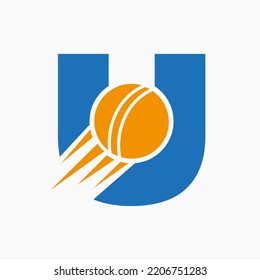 Buchstabe U Cricket-Logo-Konzept mit beweglichem Cricket-Ball-Symbol. Cricket Sports Logotype Symbol Vektorvorlage